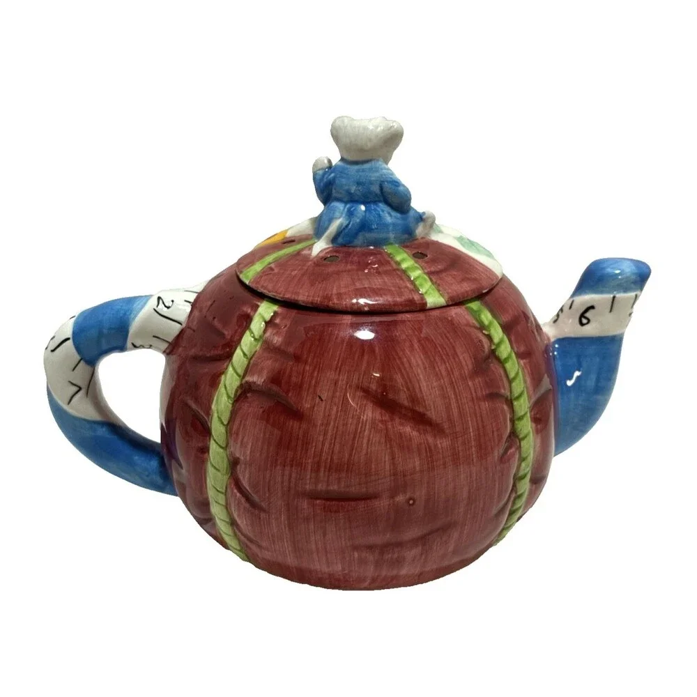 Vintage LEFTON China Tea Pot Ceramic Mouse Sewing Basket Theme - Hand Painted